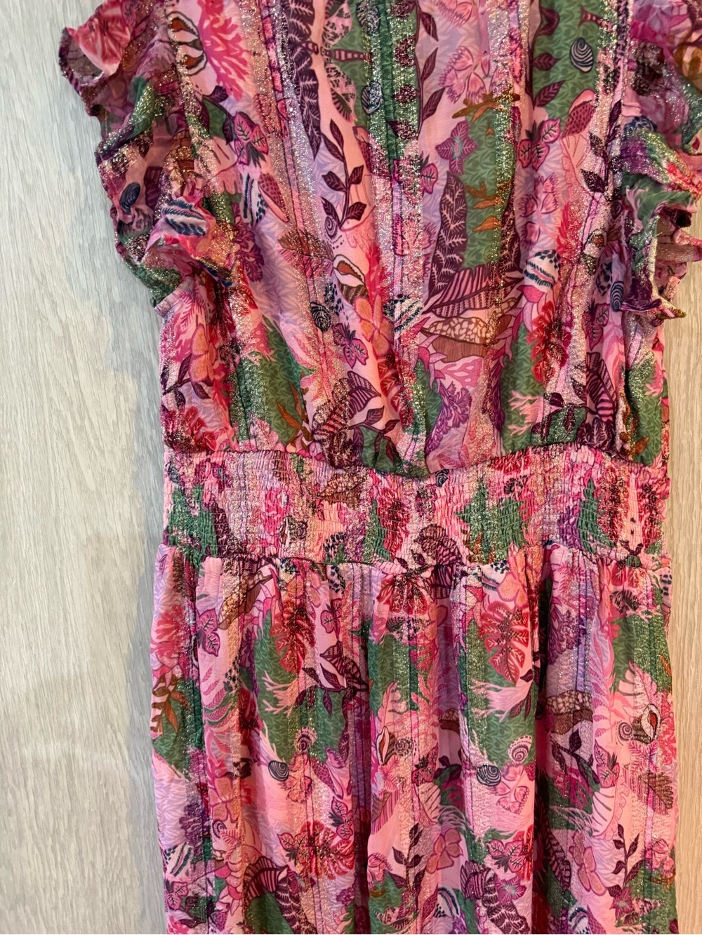 Ciebon Pink Tropical Print Metallic Flutter Cap Sleeve Maxi Dress 1X - Picture 7 of 11